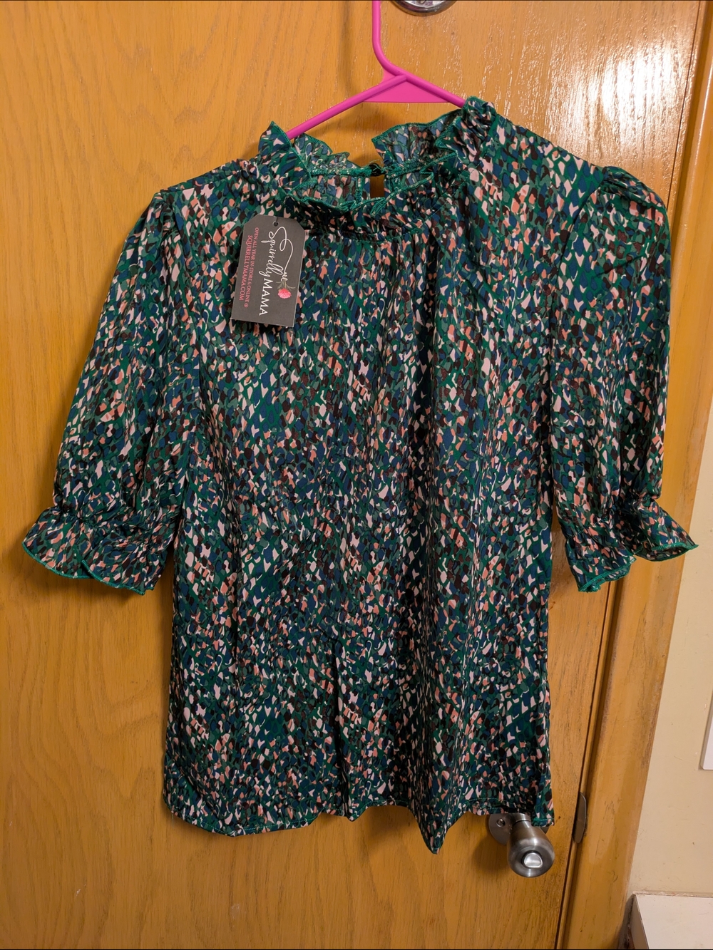 Squirlly Mama Green Printed Ruffled Neck Blouse